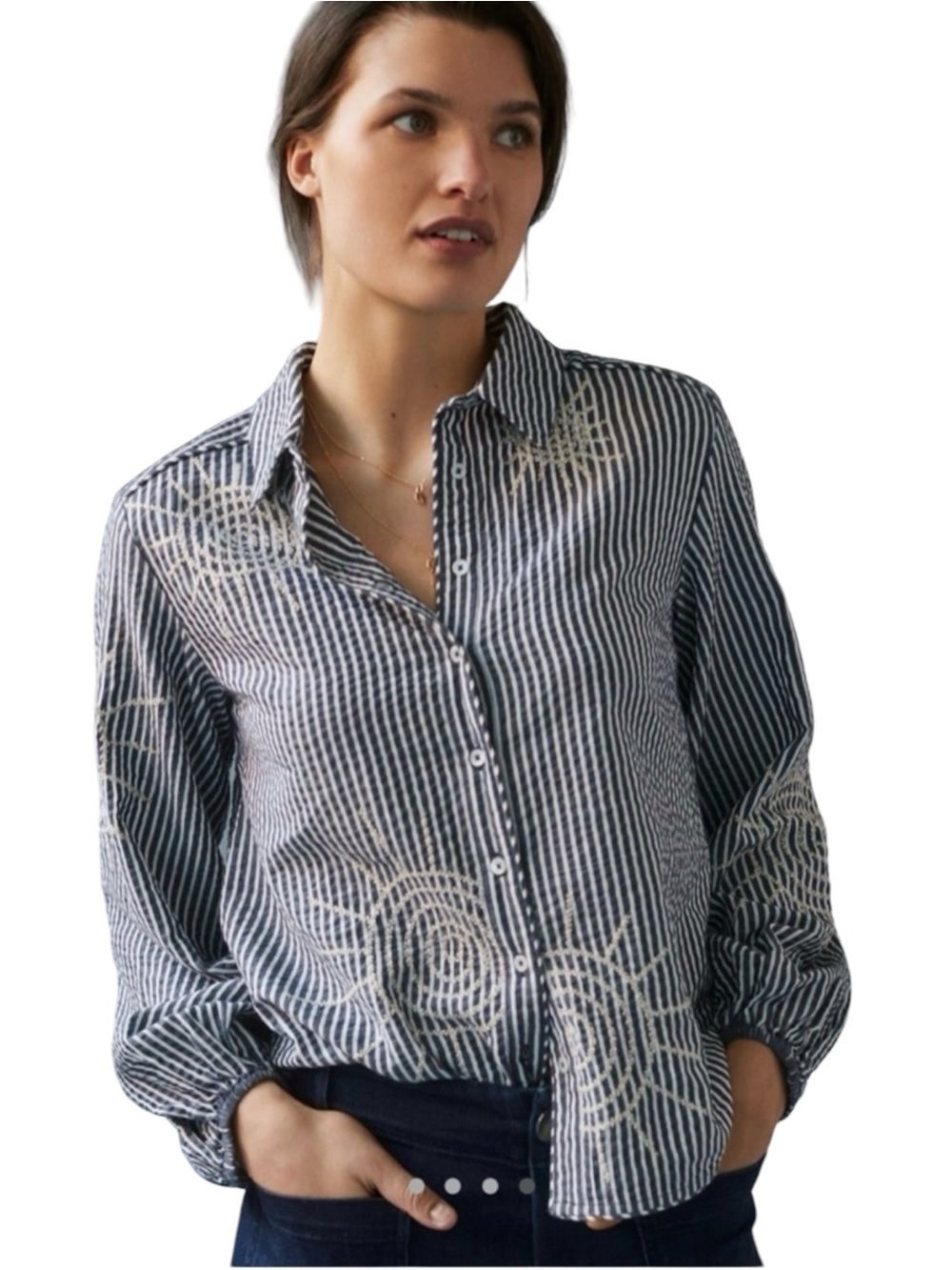 MAEVE ANTHROPOLOGIE Sunburst Embroidered Striped Button Down Blouse Medium